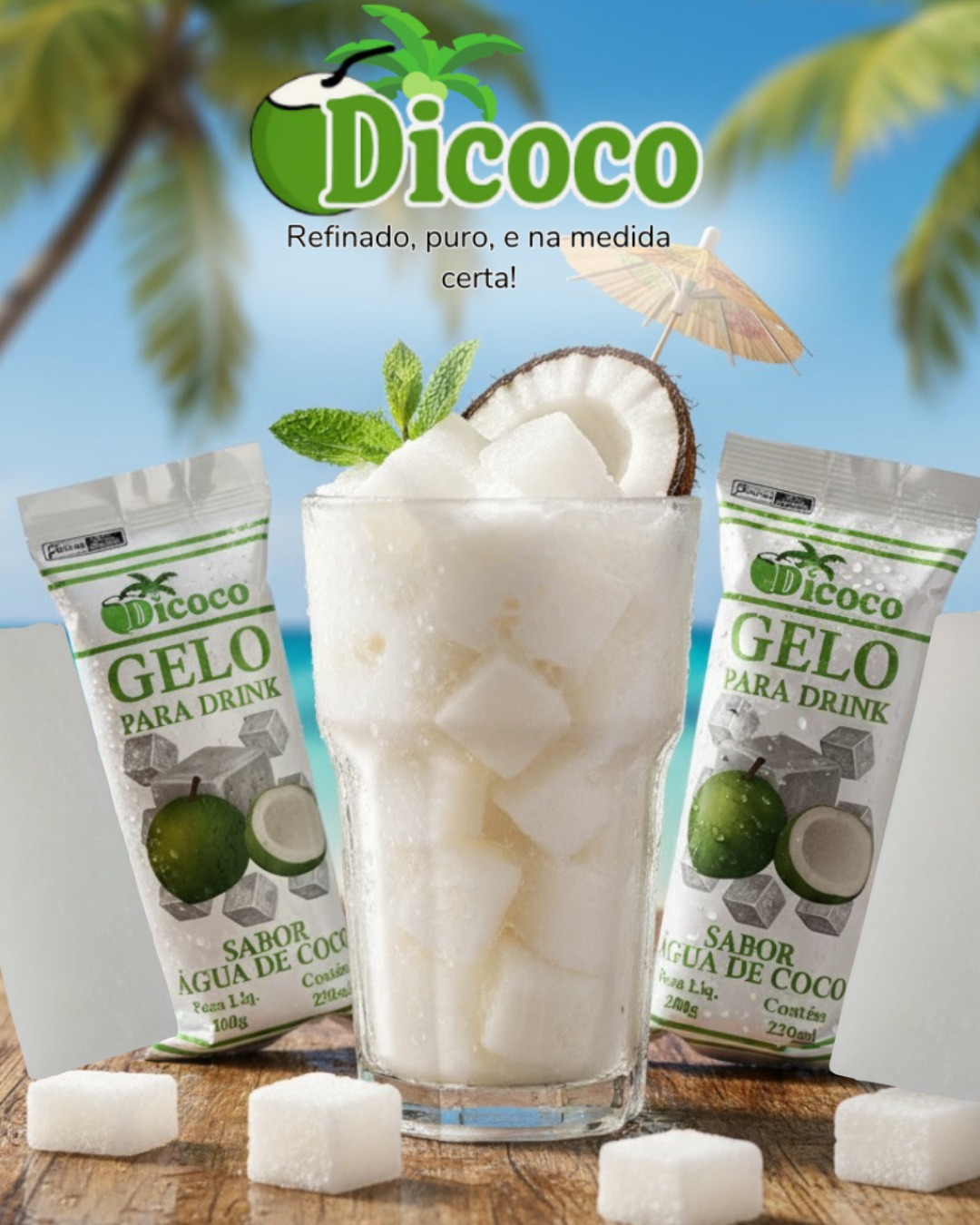 Drink de água de coco com gelo Dicoco em cenário tropical de praia