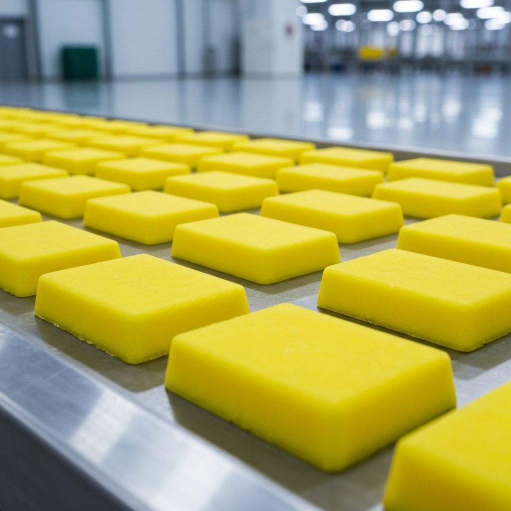 Produção de gelo saborizado na fábrica - cubos na máquina